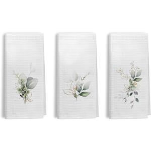 Sage Green Eucalyptus Botanical Kitchen Towels Set of 3, Farmhouse Spring Green Leaf Decorative Dish Tea Towels for Kitchen, Watercolor Greenery Hand Towels for Bathroom Decor, 16x24 Inch