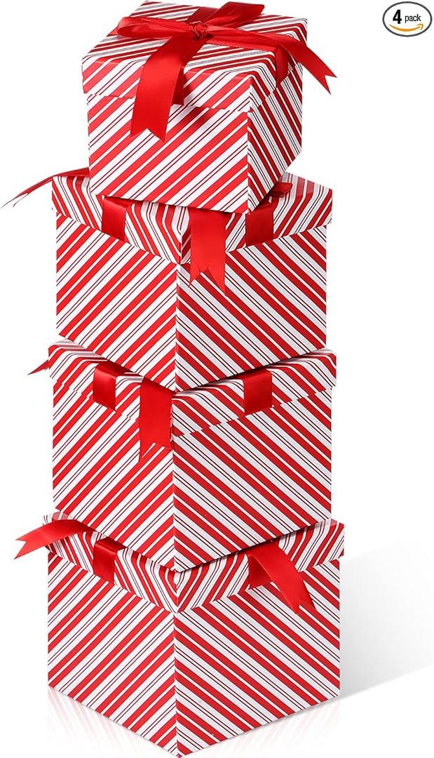 TaoBary 4 Pcs Christmas Nesting Gift Boxes Hard Xmas Stackable Red White Striped Decorative Boxes with Lids for New Year, Holiday, Birthday Party Gift Decor Supplies