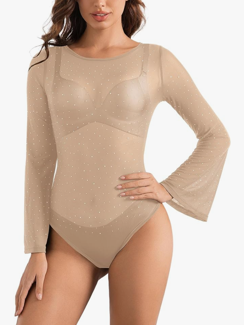 UEOIOW Women's Boat Neck Bell Long Sleeve Sheer Mesh Sparkle Rhinestone Going Out Bodysuit Tops Trendy S