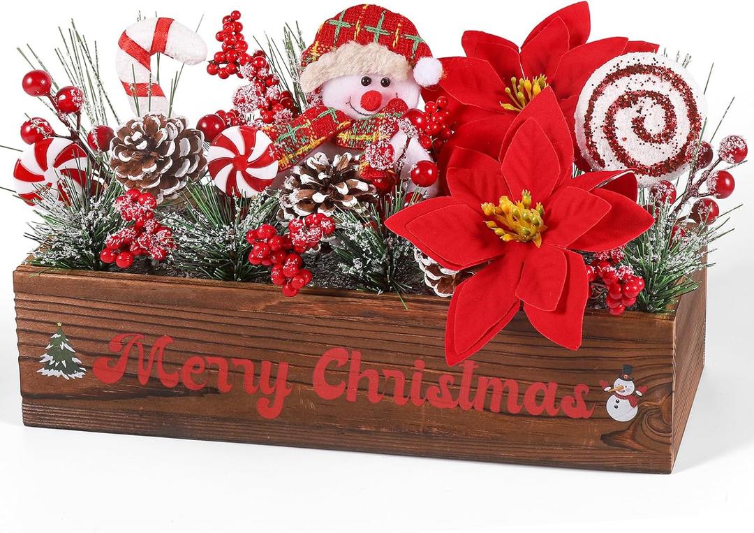Christmas Table Centerpieces Artificial Floral Arrangements Wooden Crate, Potted Plant with Snowman Red Berries Picks Pine Cones Candy for Christmas Winter Tiered Tray Shelf Table Home Farmhouse Decor