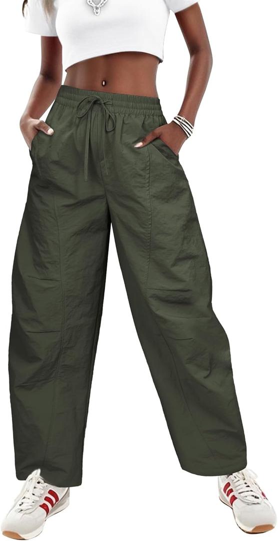 LOOKBOHO Women's Summer Cargo Pants 2026 High Waist Loose Barrel Parachute Drawstring Lightweight Hiking Raver Trousers, Large