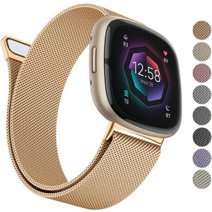 AK Metal Band Compatible with Fitbit Sense 2 / Sense & Versa 4 / Versa 3 Bands - Women & Men, Stainless Steel Mesh Loop Magnetic Replacement Bracelet Strap (Large, Rose Gold)