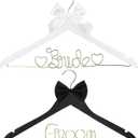 2 Pcs Wire Bride Hanger and Groom Wedding Wooden Hanger with Letter and Bow Tie for Tuxedo Suit Bridesmaid Bridal Wedding Gift Bridal Party Shower