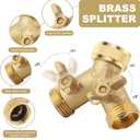 3/4 Inch Brass 2-Way Garden Hose Splitter Y-Shaped Hose Connector with 2 Anti-Kink Spiral Protectors, Heavy-Duty Metal Outdoor Faucet Splitter, Brass Handle Design, Garden Hose Adapter