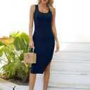 Valiamcep Women's Summer Midi Bodycon Dresses Basic Square Neck Side Slit Ribbed Knit Fitted Casual Sleeveless Tank Dress (Blue, M)