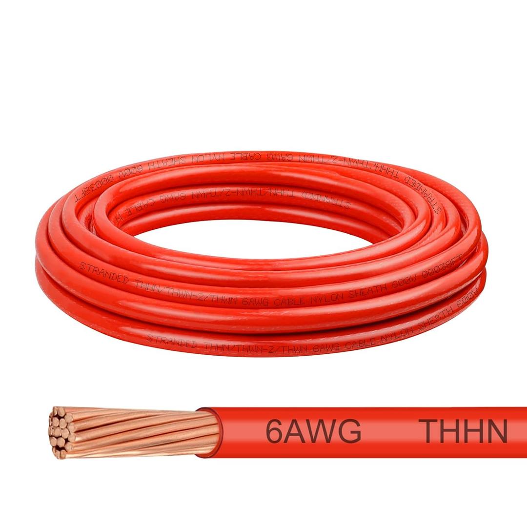 THHN Wire 6 Gauge 10 FT, 6 AWG Stranded OFC Copper Electrical Building Wire with Nylon Jacket PVC Insulation, Rated 600V for Residential, Industrial, CNC, Ground (6 Gauge, Red)