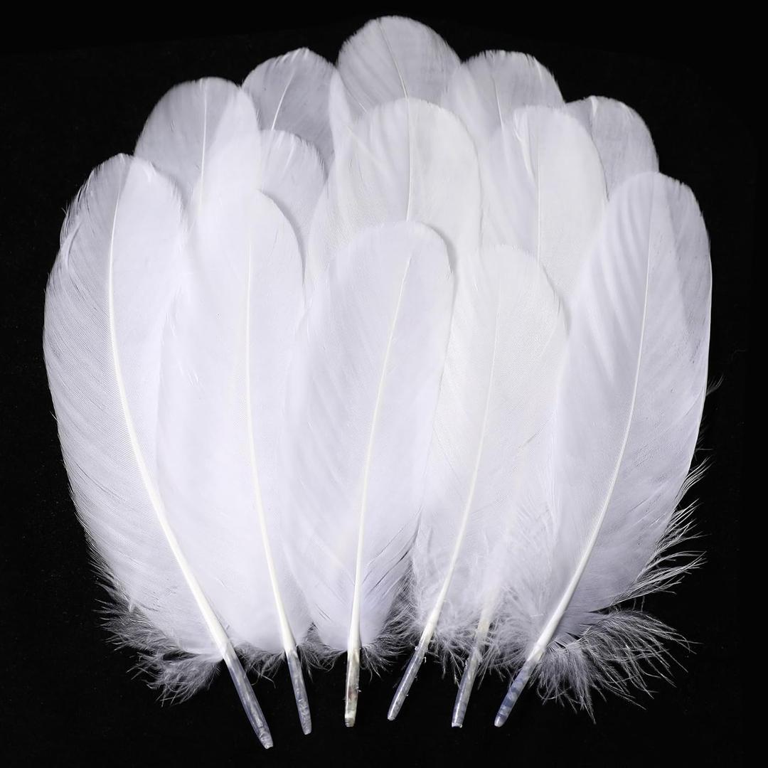 Holmgren White Craft Goose Feathers - 200pcs 5-7inch White Feathers for DIY Crafts Dream Catchers, Angel Wings and Wedding Party Christmas Home Decoration (White)