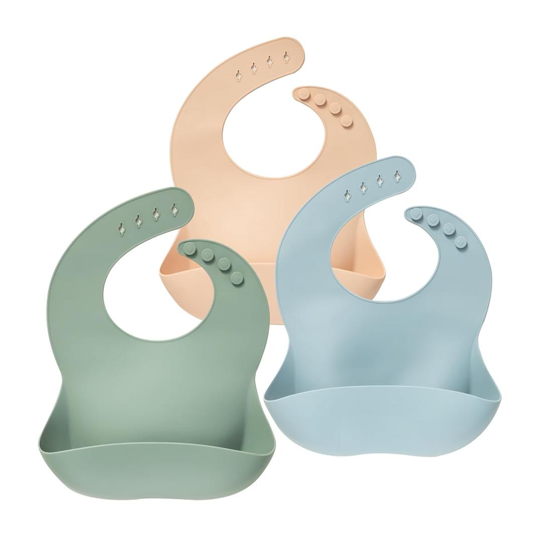 Moonkie Silicone Baby Bibs Set of 3, BPA Free Waterproof Baby Bibs for Eating, Soft Adjustable Silicone Bibs for Babies 6-12 Months, Toddler Bibs with Large Pocket Food Catcher (Ether/Sage/Cream)