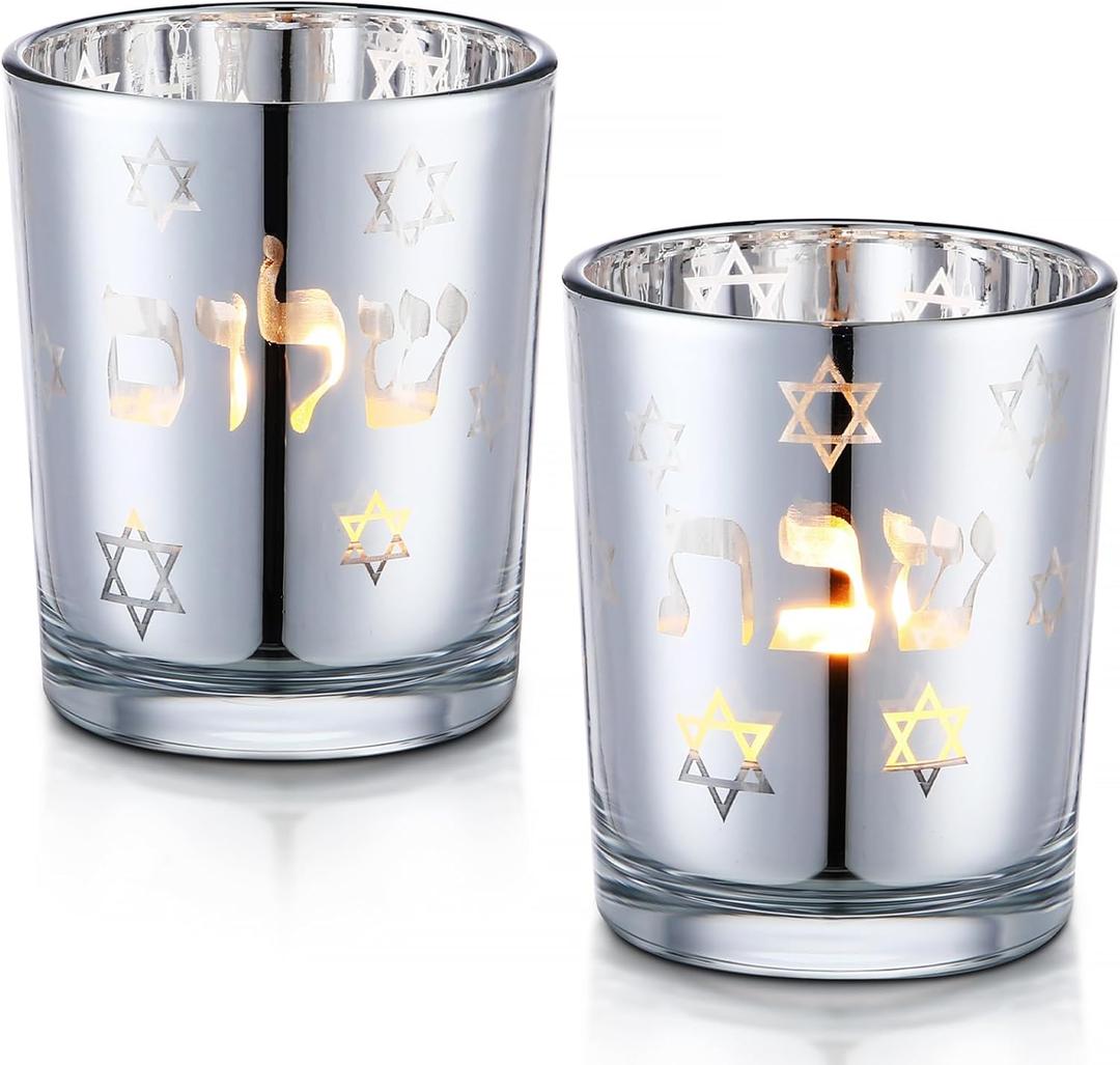 Honeydak Set of 2 Shabbat Candles Holders Silver Jewish Judaica Gift Set Electroplated Glass Modern Shabbat Candlestick Holders for Tea Lights Hanukkah Gifts