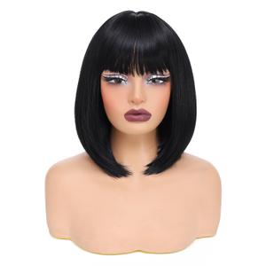 Black Bob Wig With Bangs Short Straight Black Wigs for Women Natural Looking Synthetic Wigs for Daily Cosplay Costume Wig (Black,12 Inch)