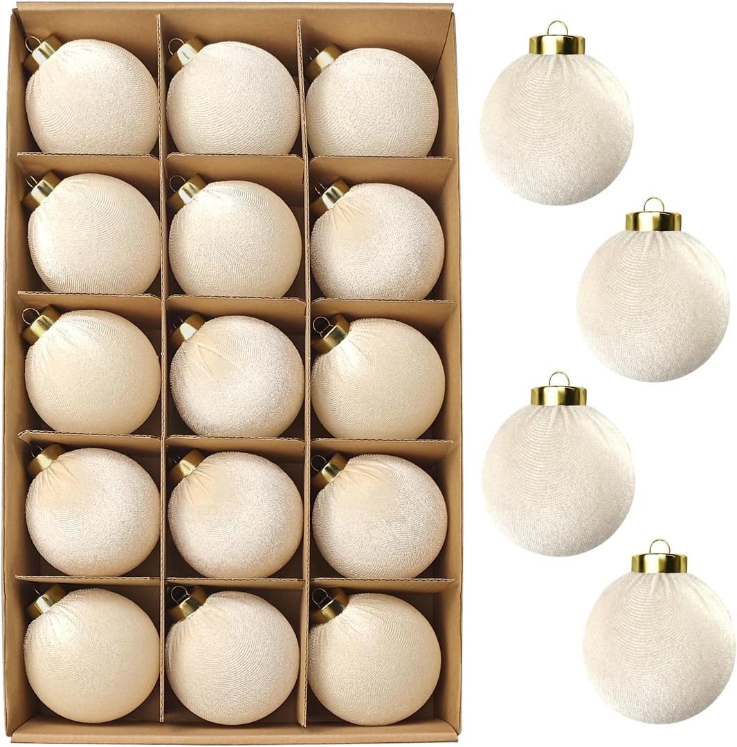 Beige Velvet Balls Ornaments for Christmas Tree 15 PCS, 3.15 Inch Large Shatterproof Neutral Christmas Bulbs Ornaments Set-Decorative Hanging Baubles, Flocked Classic Decor for Holiday(Beige)