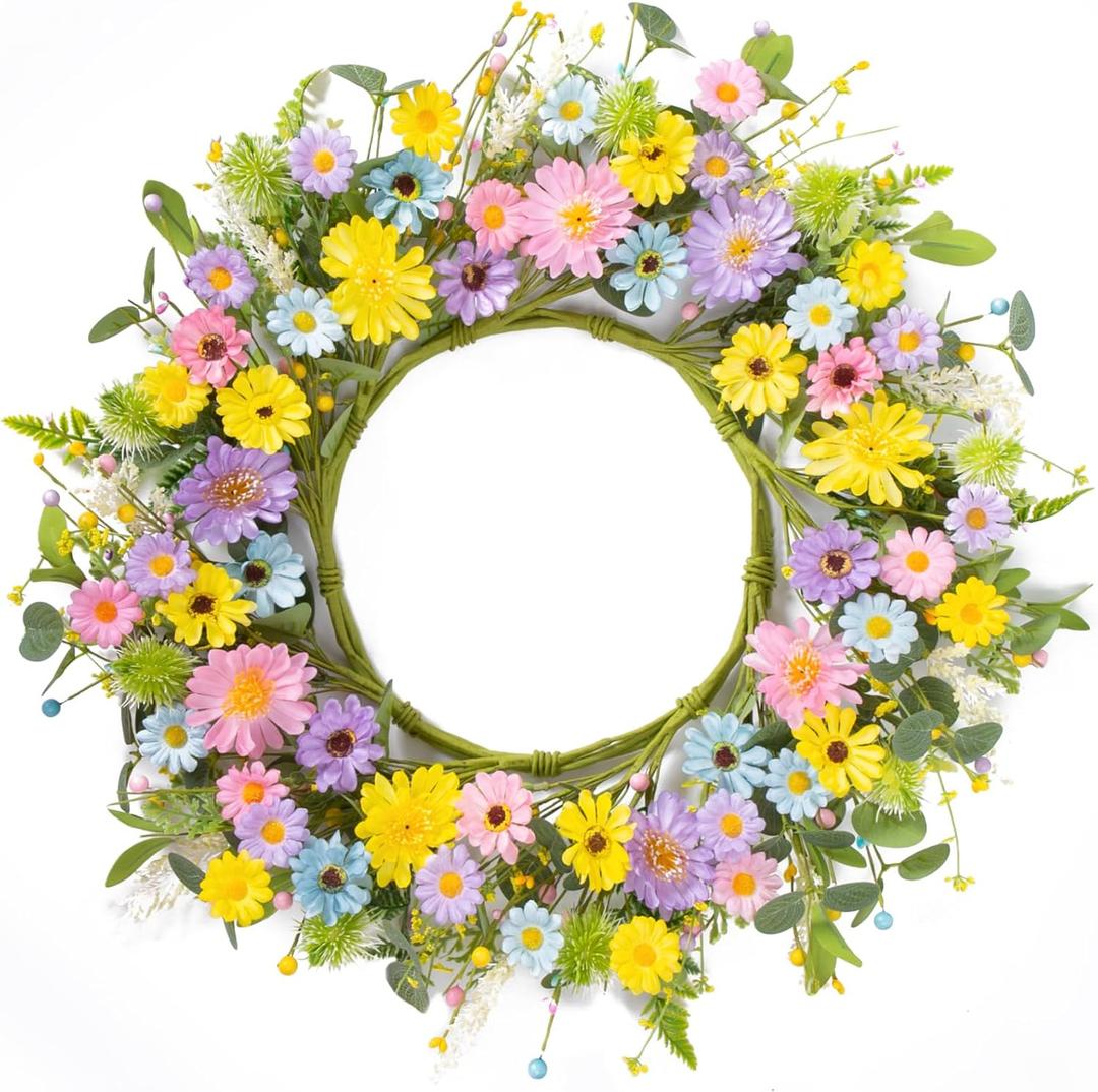 24" Front Door Wreath for Spring Summer Floral Seasonal Wreath with Colorful Flower Vibrant Artificial Daisy &Eucalyptus with Berries for Indoor & Outdoor Wall Home Decor (Pastel Multicolored)