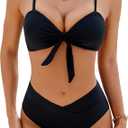 Blooming Jelly Women's High Waisted Bikini Sets Two Piece Swimsuit Front Tie Knot Bathing Suit Black M