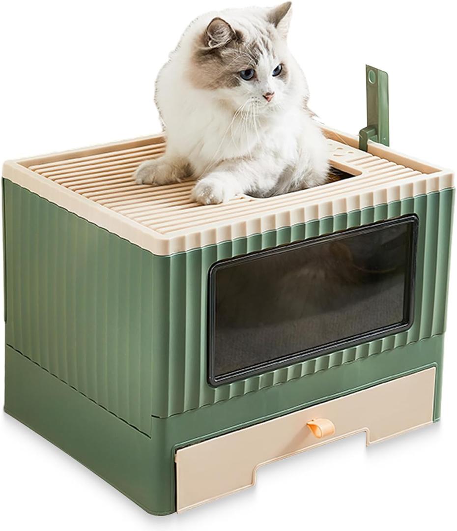 Large Cat Litter Box with Lid, Foldable Covered Kitty Litter Box, Top Entry, Anti-Splashing, Easy Clean (Beige and Green)