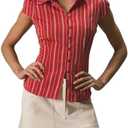 MakeMeChic Women's Summer Casual Striped Blouse Fitted Cap Short Sleeve Shirt Top, S/M, 