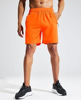 MIER Men's Quick Dry Running Shorts with Zipper Pocket Elastic Waist Athletic Workout Exercise Shorts, 5 Inch, Orange, X-Small