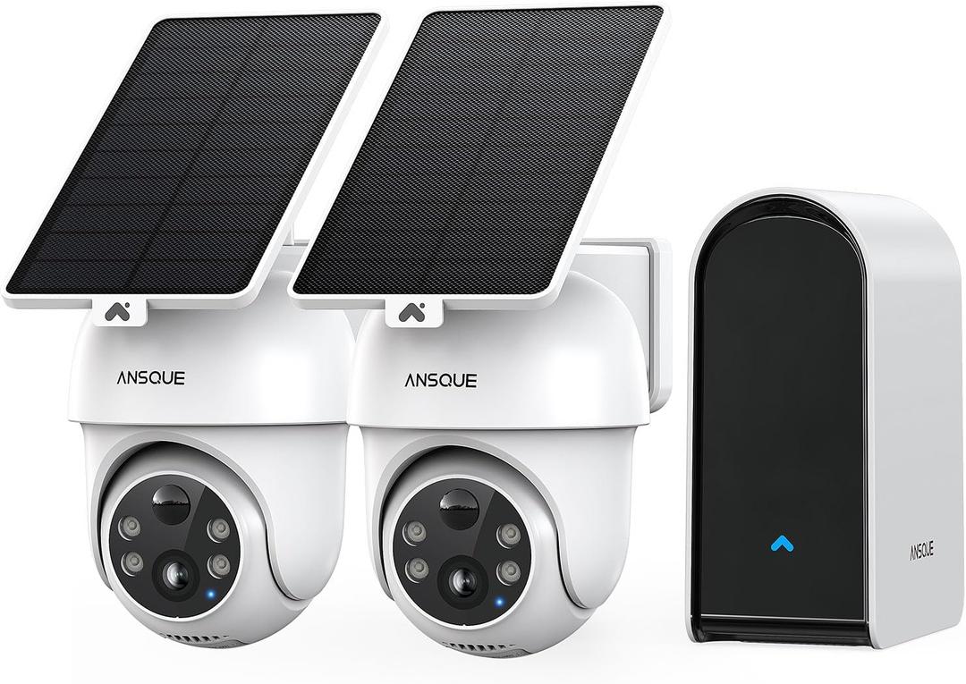 ANSQUE Security Cameras Wireless Outdoor Home System, 2 Camera Kit, No Subscription Fees, Solar Powered, Local Storage, 365-Day Battery Life, 360PTZ Surveillance, Auto Tracking, 2K Color Night Vision