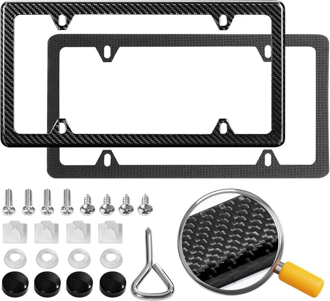 Real Carbon Fiber License Plate Frame, 100% Pure Carbon Fiber Frame, Black License Plate Holder Cover with Screw Caps, Anti-Vibration Pads (Twill 4 Hole)