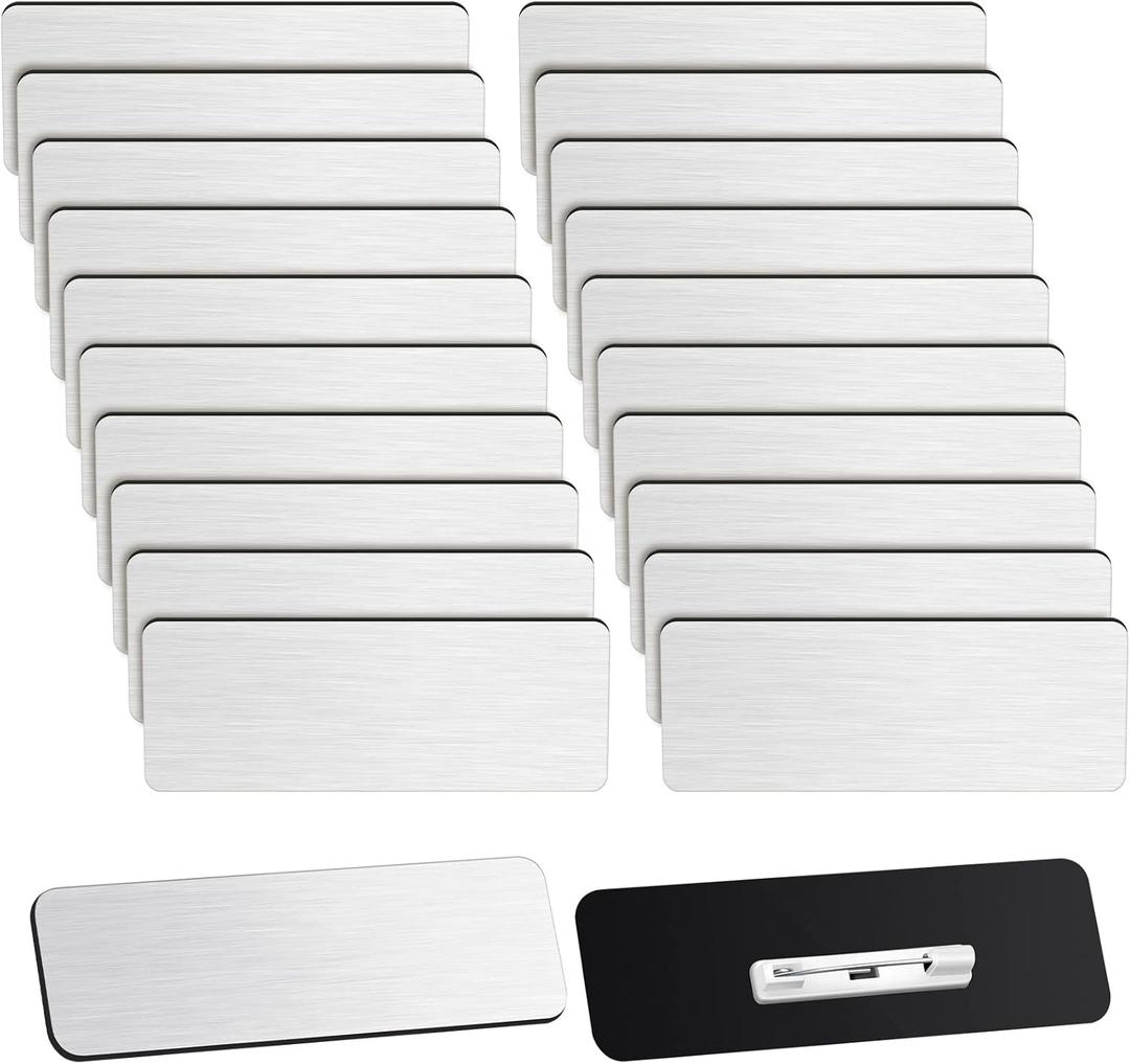 Breling 100 Pieces Name Tags with Pins 1 x 3 Inches Blank Name Tags Reusable ID Badge Holders with Clip for Office Workers Students Employee Custom(Silver and Black)
