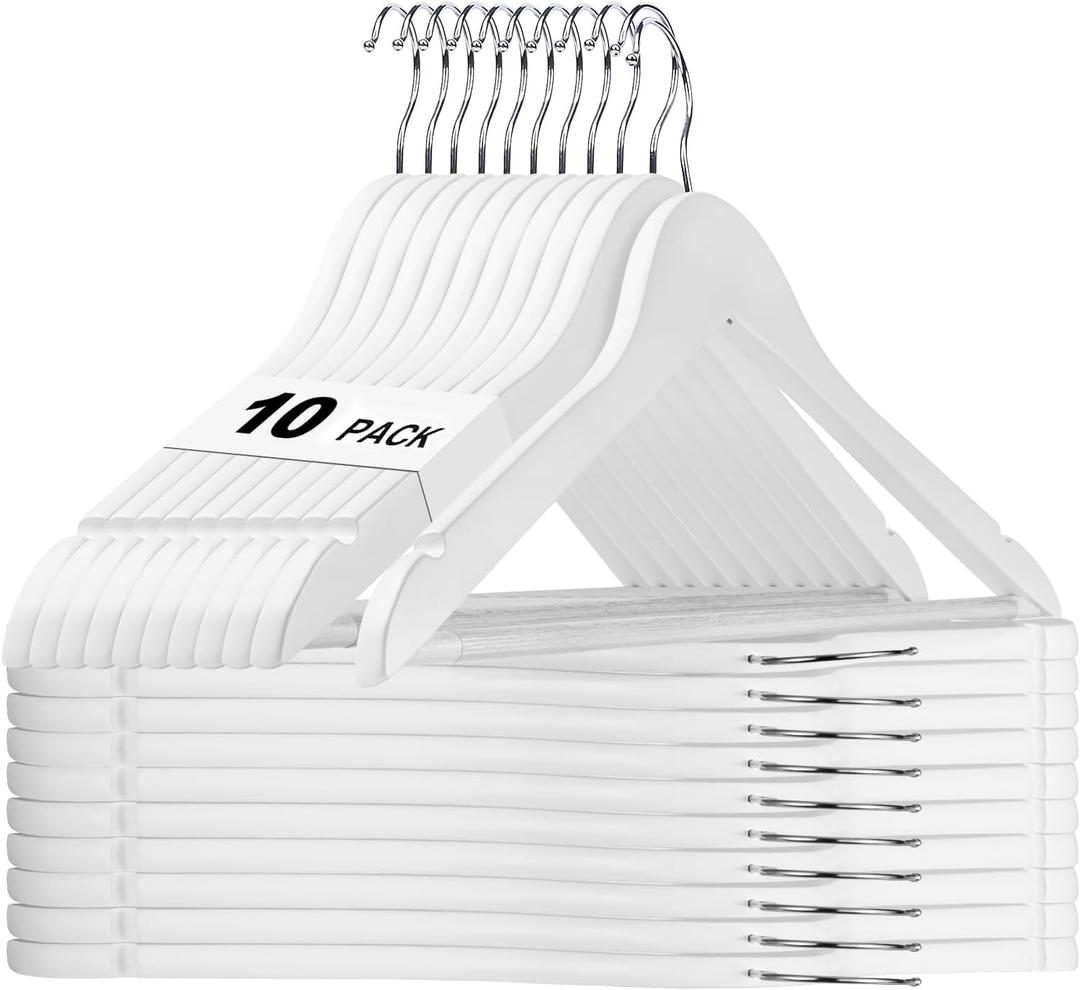 HOUSE DAY White Wooden Hangers 10 Pack, Solid Wood Hanger with Non Slip Pant Bar, Heavy Duty Wooden Coat Hanger for Closet, Smooth Finish Wood Clothes Hangers for Shirts, Suits Jackets, Dress
