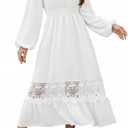 Olaesa Long Sleeve Boho Maxi Dress Smocked V-Neck Wedding Guest Fall Dress | Flowy Bohemian Long Dress with Lace Hem, Winter Semi Formal Swing Dress with Pockets, Boho Western Dress Large, White