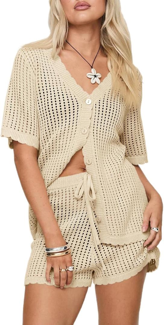 Saodimallsu Women's Crochet Swimsuit Coverup Sets Short Sleeve V Neck Button Tops Drawstring Shorts 2 Piece Beach Outfits (Large, Beige)