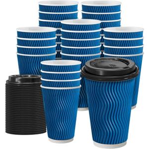 Clawsoff 100 Pack Coffee Cups with Lids 16 oz, Disposable Insulated Ripple Wall To Go Paper Coffee Cups for Hot/Cold Drinks Office Home Shop Event (Navy)