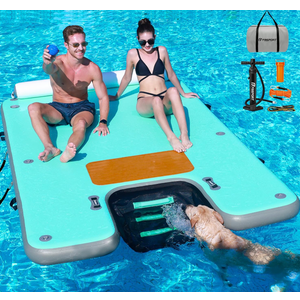 FBSPORT 8FT/10FT Inflatable Floating Dock Platform with Dog Boat Ramp | Non-slip floating island with water ladder, headrest, inflatable island raft, air dock for pool lake beach ocean