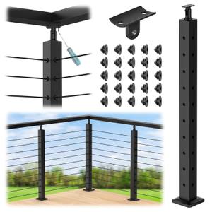36" Cable Railing Corner Post, Stainless Steel Adjustable Top Deck Corner Post with Cable Grommets, 2"x2" 90 L-Drilled Metal Corner Post for Black Deck Stair Railing System, RG13