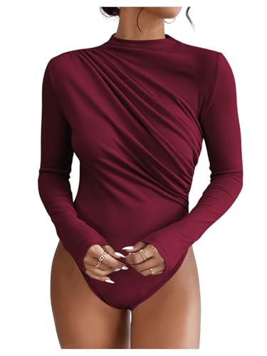 SweatyRocks Women's Bodysuit Mock Neck Casual Ruched Long Sleeve Jumpsuit Burgundy Small