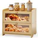 Double Layer Bread Box for Kitchen Countertop, Large Breadbox Bread Container Storage with Windows, Wooden Farmhouse Bread Holder (Natural Bamboo)
