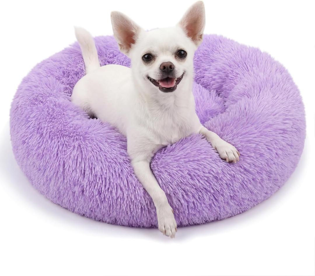 Calming Donut Dogs Beds for Small Dogs Washable,19inch Fluffy Round Puppy Bed for Puppies,Cats & Toy Breeds with Raised Rim,Fits up to 15 lbs Pets,Purple
