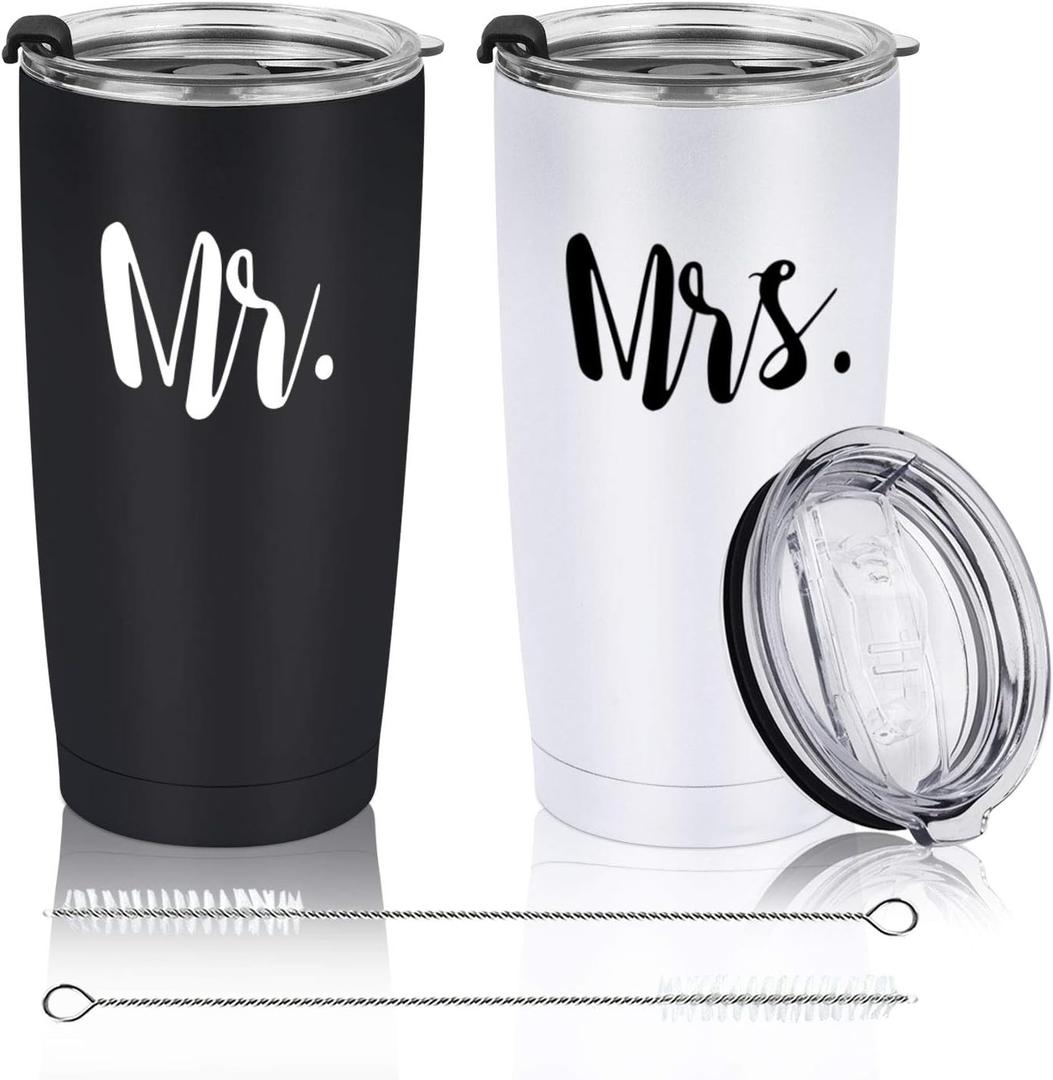 Mr and Mrs Tumbler Set of 2 Stainless Steel Travel Tumbler Ideas for Newlyweds Couples Wife Bride To Be Newly Engaged Bridal Shower, Insulated Travel Tumbler for Wedding Engagement(20 oz, Black&White)