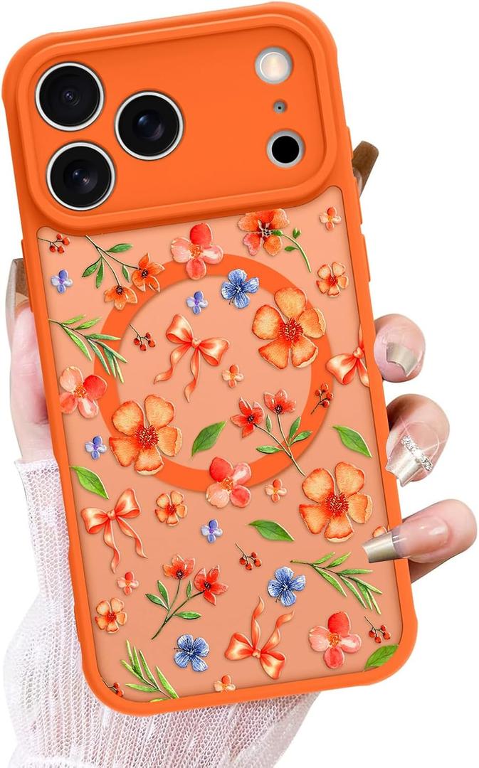 OOK Frosted Magnetic Case for iPhone 17 Pro Max, Cute Orange Floral Bow | Compatible with MagSafe, Shockproof Cover for Women & Girls