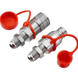 1/2" Flat Face ISO 16028 Hydraulic Quick Connect Couplers, 5/8" (#10) JIC Bulkhead Thread, Heavy Duty Hydraulic Coupling with Dust Cap Compatible with Bobcat, Case, Skid Steer Loader