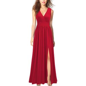 WOOSEA Women Sleeveless Deep V Neck Split Loose Sexy Plain Long Maxi Casual Dress (Red, XL)