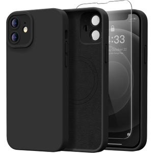 Designed for iPhone 12 Case with Screen Protector - Upgraded Camera Protection - Wireless Charging Compatible - Silicone Protective Phone Case 6.1" for Men Women Girls - Black