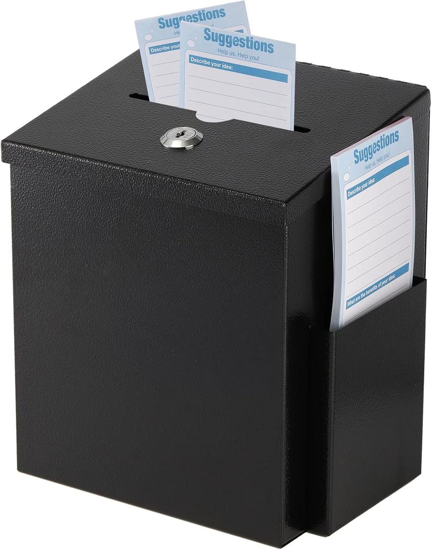 TOPZEA Suggestion Box with Lock, Wall Mounted Ballot Donation Box Collection Box, Metal Freestanding Suggestion Box with 50 Free Suggestion Cards, Key Drop Box, Black, 9"x 7.4"x 6"