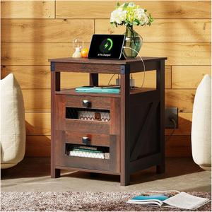 WLIVE Nightstand with Charging Station, Farmhouse End Table, Bed Side Table with 2 Mesh Drawers Storage & Open Shelf, Rustic Wooden Cabinet Night Stand for Bedroom, Living Room, Espresso