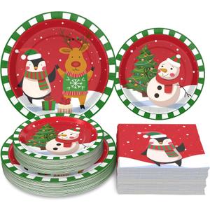 Homlouue 200PCS Christmas Paper Plates and Napkins, Cute Cartoon Penguin, Reindeer, Snowman Christmas Disposable Dinnerware Set, Red Holiday Party Plate for Xmas, New Year, Serves 50
