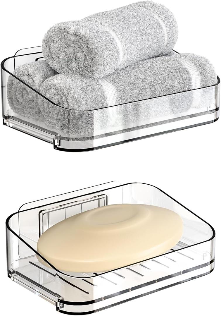 SUOXING Adhesive Bar Soap Holder for Shower Wall,Clear Plastic Soap Savers for Bar Soap,Hanging Soap Rack and Soap Dish Tray for Bathroom with Command,Drill-Free,Pack of 2