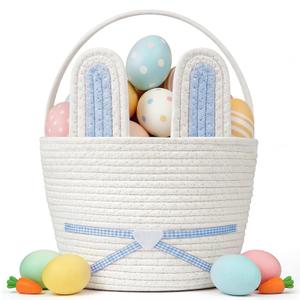 Easter Basket, Woven Easter Bunny Basket with Handle, Empty Gift Baskets Easter Egg Hunt Basket, First Easter Basket Easter Bucket with Detachable Ears for Girls Boys Teens (Blue White)