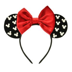 A Miaow Pearl Circular Beads Headband Colorful Velvet Bow Hairband Women Hair Accessories Costume Birthday Halloween Party Decoration (Black and Red, One size)
