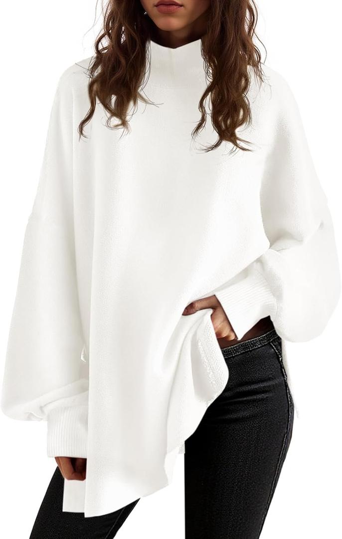 Saodimallsu Womens Turtleneck Oversized Sweaters Puff Sleeve Side Slit Casual Knit Tunic Pullover Tops (Medium, White)