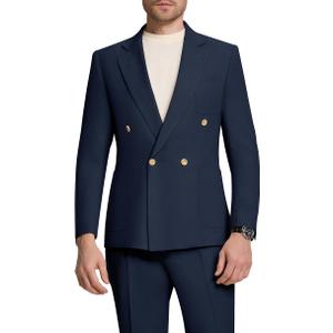 Autrl Men's 2 Piece Suits Double Breasted Tuxedos Men Knit Suit Mens Lightweight Wedding Dress Suit Navy Blue Formal Jacket Pants L