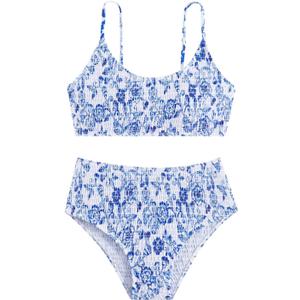 SOLY HUX Girl's Floral Print Bathing Suit Smocked Spaghetti Strap Bikini Set Two Piece Swimsuit (White and Blue)