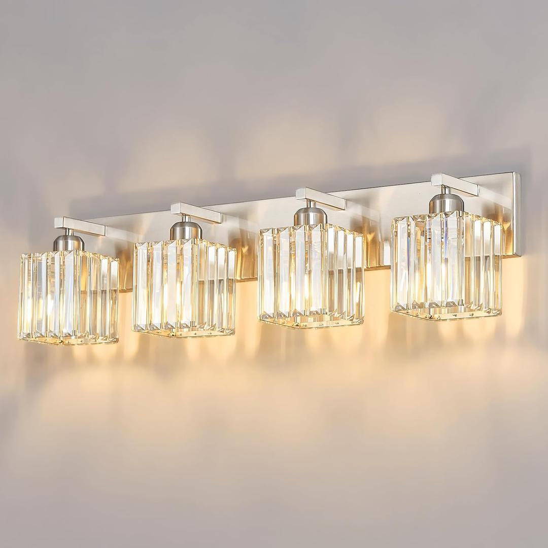 Modern Vanity Light 4-Lights Brushed Nickel Vanity Light Crystal Bathroom Wall Light Bathroom Light Fixtures