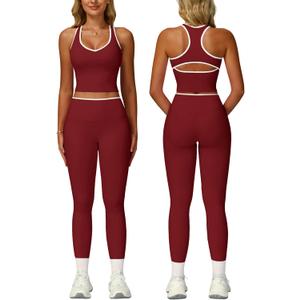 Women 2 Piece Workout Sets Racerback Color Block Tank Tops High Waist Tummy Control Active Leggings Yoga Outfits Medium, Burgundy