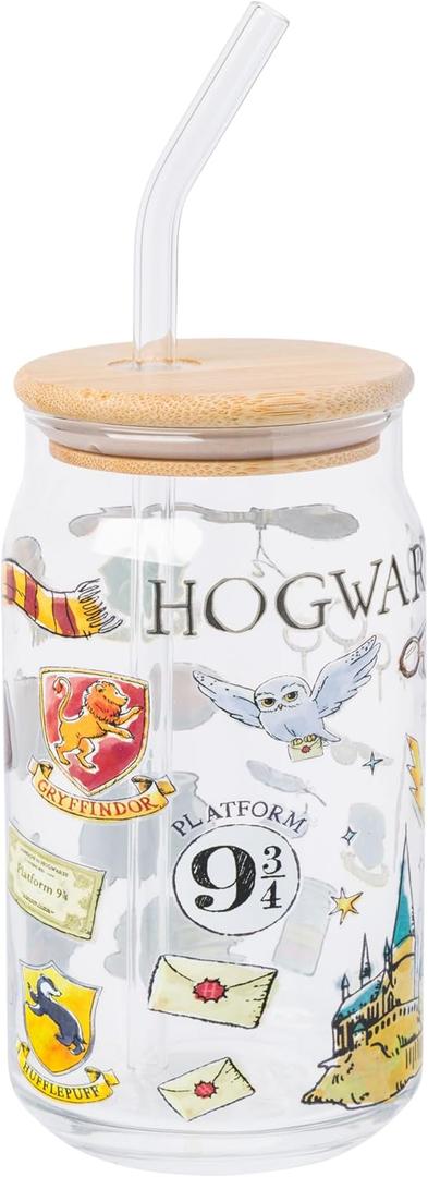 Silver Buffalo Harry Potter Hogwarts Platform 9 3/4 Gryffindor Hedwig Glass Jar Tumbler with Bamboo Lid and Glass Straw, 16 Ounces