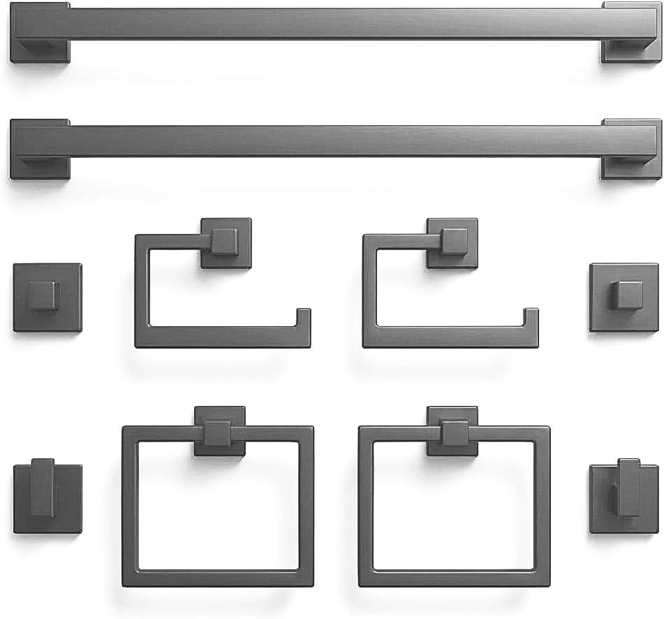 Luxury Charcoal Graphite Bathroom Hardware Set 10-Piece Modern Square Towel Rack & Towel Bar Set, Matte Gray Wall Mounted